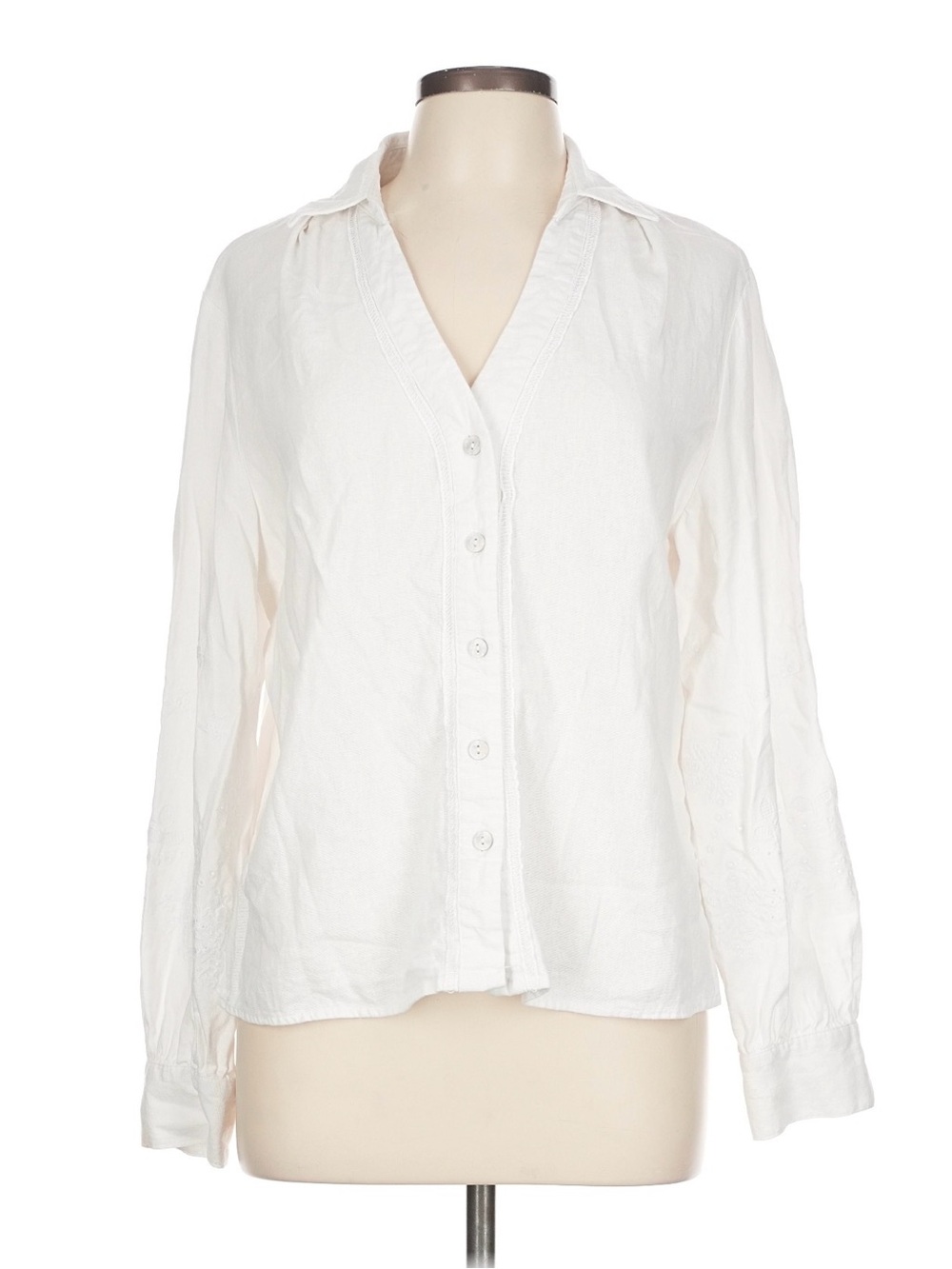 Tahari White Eyelet Sleeve Button-Down Long Sleeve Shirt